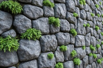 Grey stone wall with lush green plants growing between the rocks. Perfect for nature, architecture, or texture backgrounds.