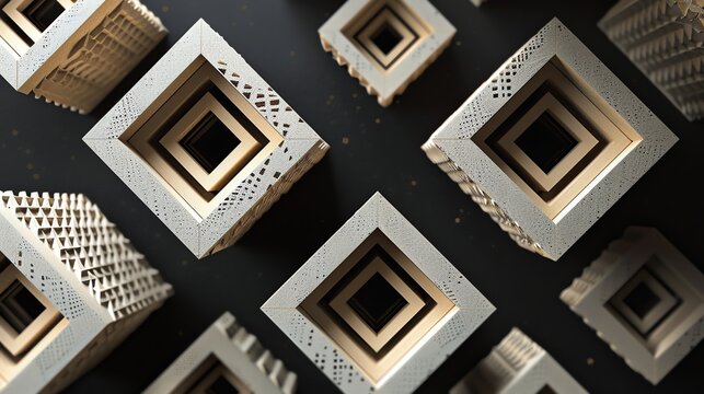 A collection of geometric shapes on a black background.
