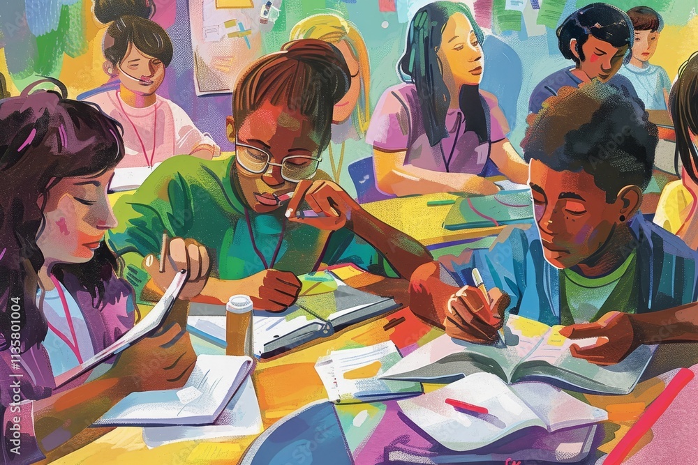 Poster diverse students studying together in a colorful classroom setting, a colorful depiction of a divers