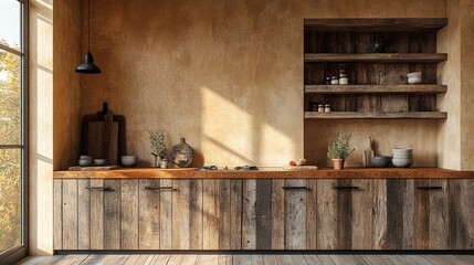 Rural style kitchen design, featuring recycled wood cabinets showcasing profound wood grain, soft luster, and subtle cracks. Create a warm Wabi Sabi atmosphere.