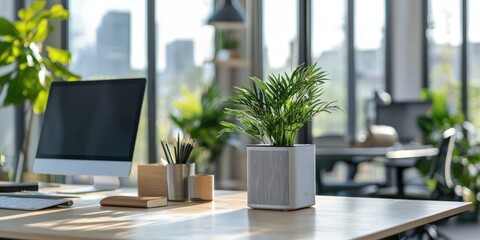 A compact air purifier placed on a desk in a modern office setting.