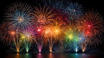 Brilliant Fireworks Display with Red, Blue, and Gold Explosions – Pyrotechnic Show for Festive Events