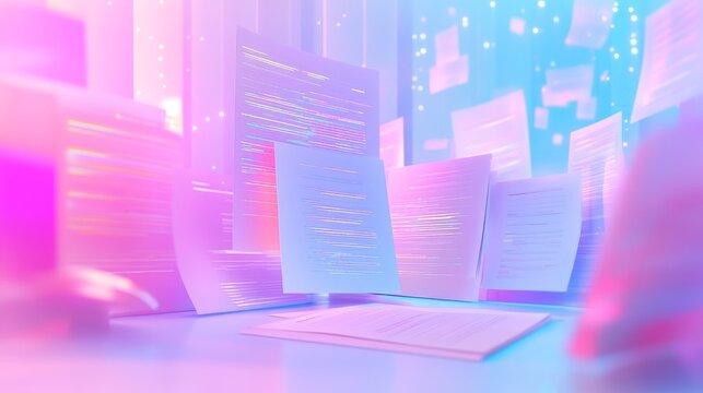 A digital workspace with floating documents and code, showcasing a tech-oriented environment.