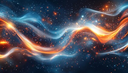 Obraz premium Abstract Blue Orange Energy Waves, Glowing Particles, Cosmic Background