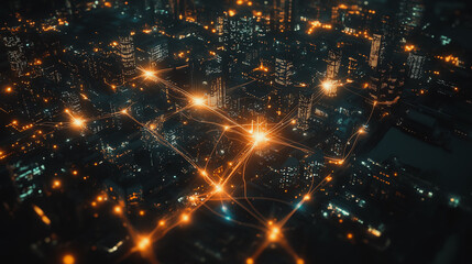 Obraz premium Smart digital Innovation city with connection network reciprocity over the cityscape. of future smart wireless digital city and social media networking systems that connects people with in city