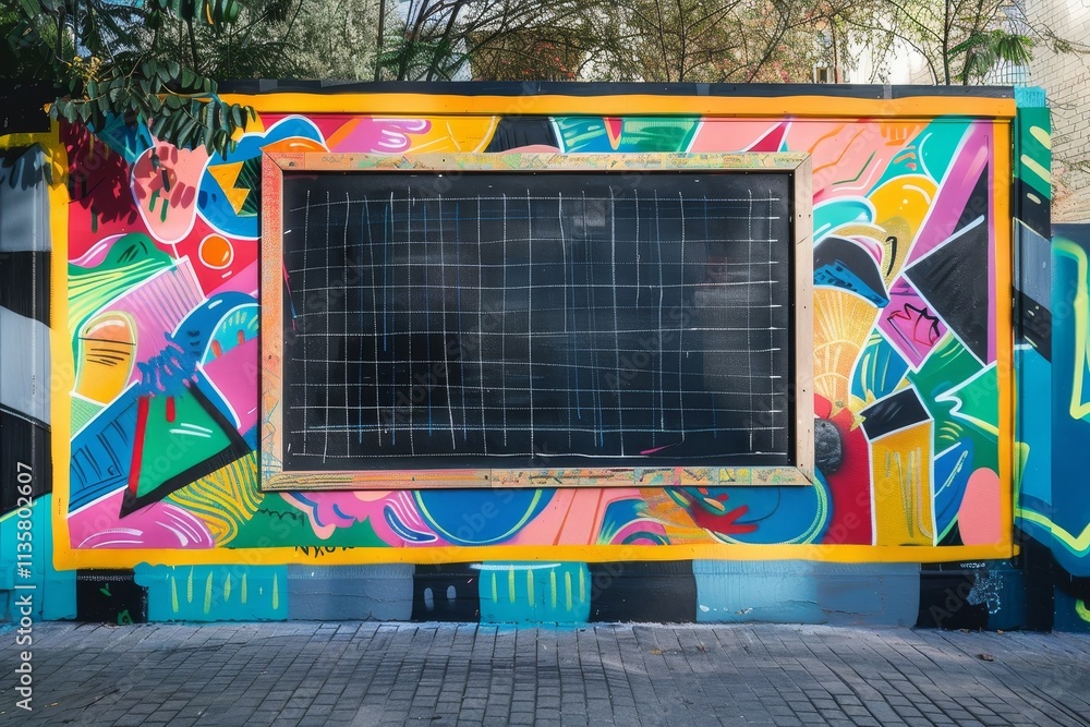 Aufkleber a black chalkboard with a grid pattern is set into a colorful graffiti mural in an urban environment