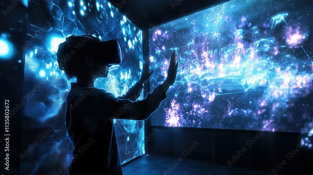 Poster a futuristic virtual reality setup, where a person is interacting with creative elements in a digita