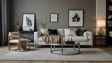 Interior design of living room interior with mock up poster frame, white sofa, modern pouf, glass coffee table, vase with branch, stylish rack and silver personal accessories. Home decor. Template