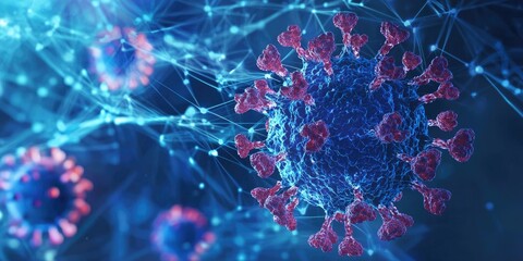 A conceptual image of a virus particle with a map of China in the background.