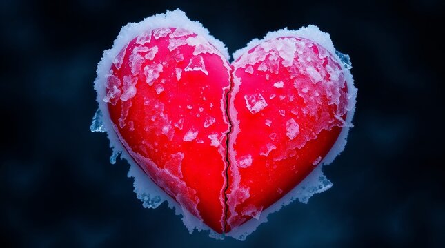 Frozen heart symbol with cracks and frost on a dark icy background