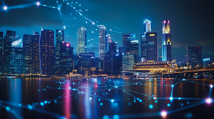 Obraz premium Smart digital Innovation city with connection network reciprocity over the cityscape. of future smart wireless digital city and social media networking systems that connects people with in city