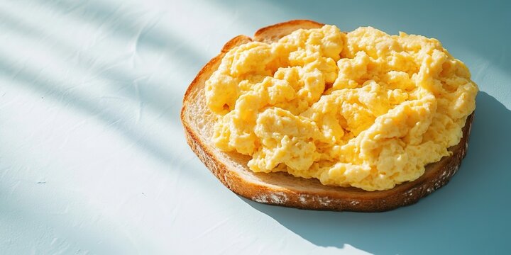 single serving of scrambled eggs with toast displayed on pastel blue surface under soft directional light