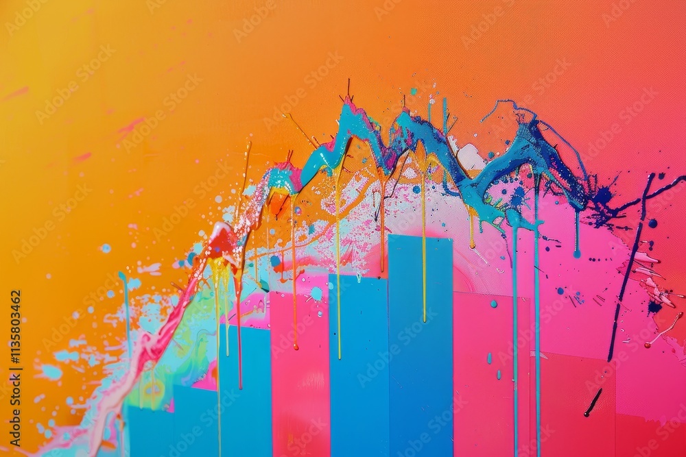 Poster a colorful bar graph with paint splatters depicting a downward trend a colorful graph plummeting dow