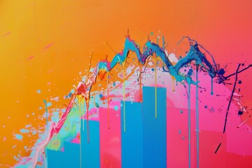A colorful bar graph with paint splatters depicting a downward trend A colorful graph plummeting downwards towards bankruptcy