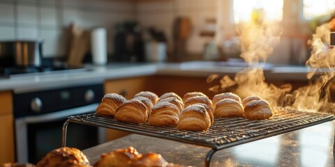 A cooling rack on a kitchen counter with steaming pastries fresh from the oven.