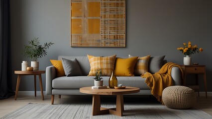 The stylish compostion at living room interior with design gray sofa, armchair, black coffee table, lamp and elegant personal accessories. Loft and industrial interior. Template.