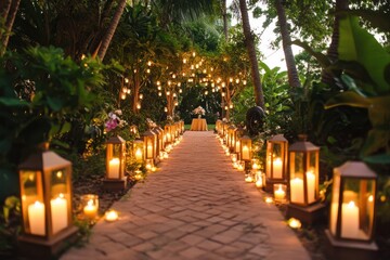 Obraz premium Romantic Garden Pathway Lit By Candles And Lights