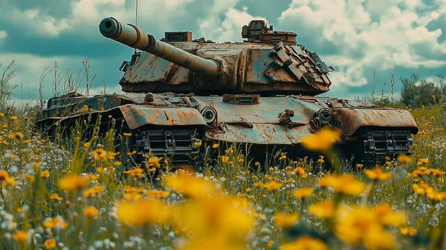 Abandoned Rusty Tank in Wildflower Field Under Cloudy Sky