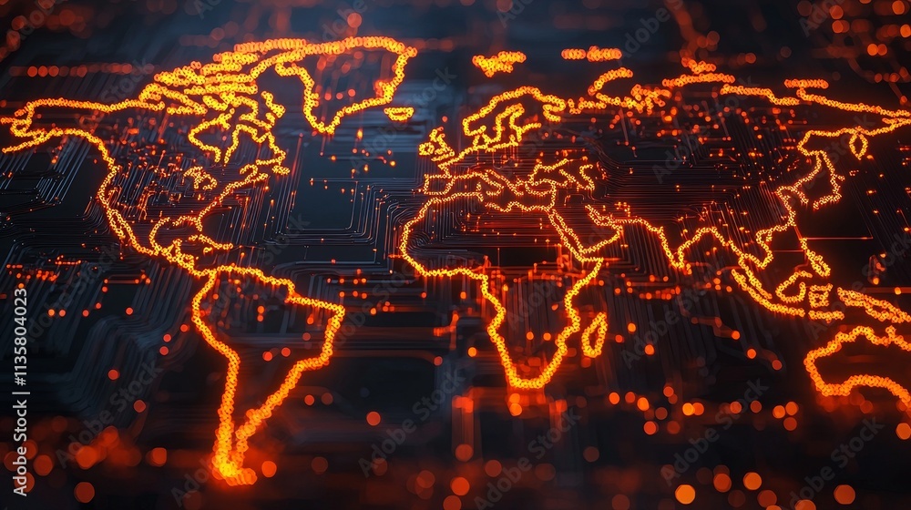Poster futuristic technological world map in hacker style, featuring glowing digital connections, abstract 