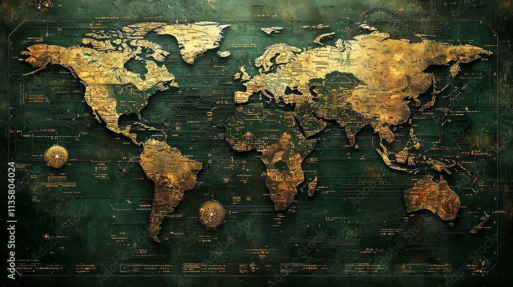 Aufkleber futuristic technological world map in hacker style, featuring glowing digital connections, abstract 
