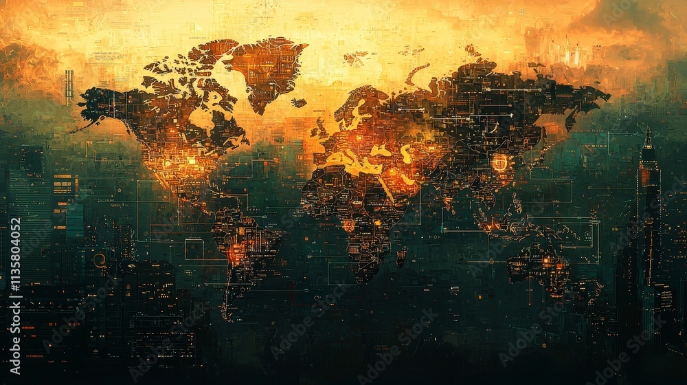 Poster futuristic technological world map in hacker style, featuring glowing digital connections, abstract 