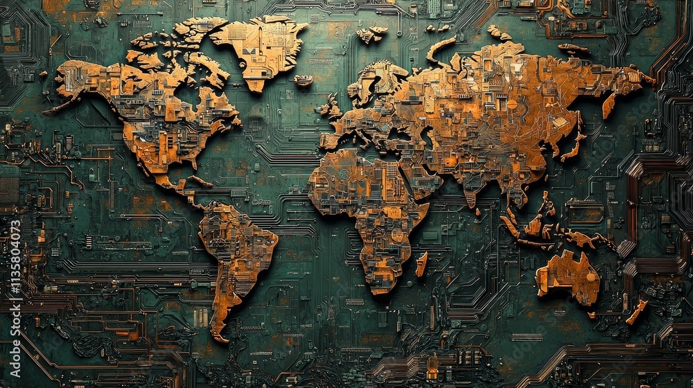 Aufkleber futuristic technological world map in hacker style, featuring glowing digital connections, abstract 