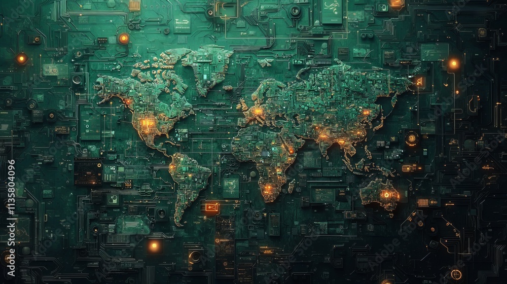 Poster futuristic technological world map in hacker style, featuring glowing digital connections, abstract 