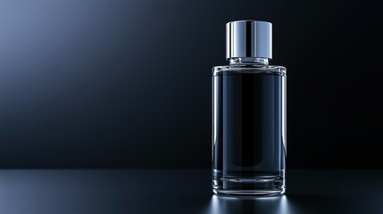 Glass perfume bottle on dark background with light reflection. Luxury fragrance concept