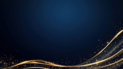 Gold waves with sparkles on navy blue background with copy space. Luxury design concept
