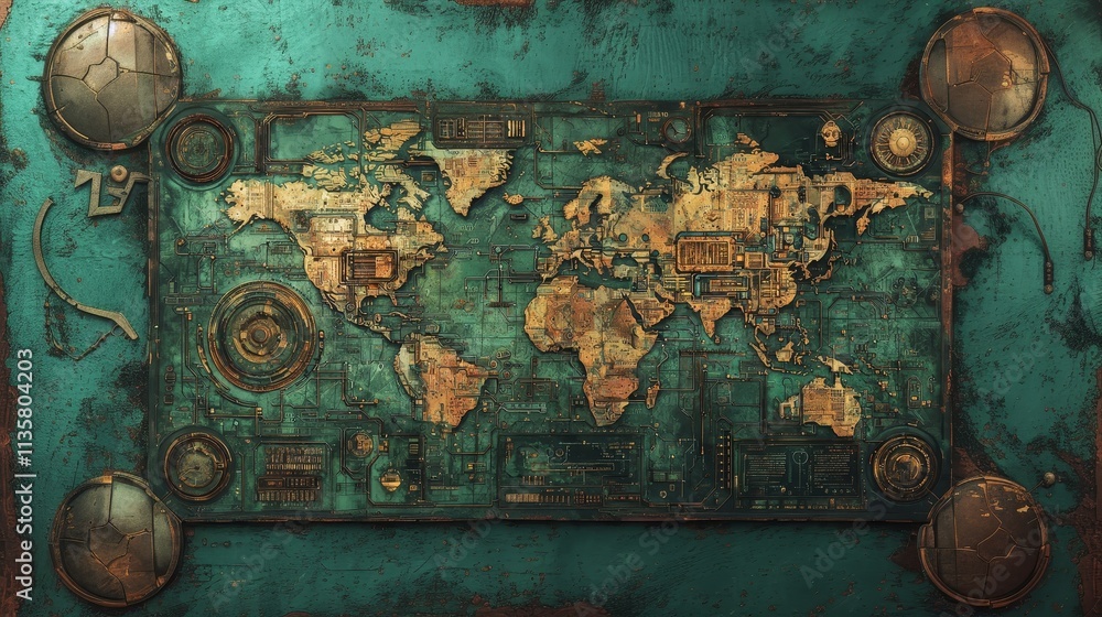 Poster futuristic technological world map in hacker style, featuring glowing digital connections, abstract 