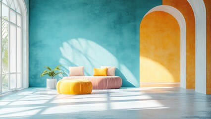 Colorful modern interior design with blue and orange accents