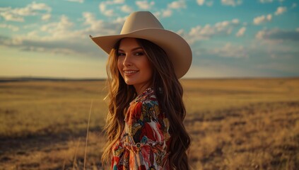 Woman in western hat and printed shirt against field. Country fashion concept - obrazy, fototapety, plakaty