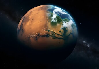 Fototapeta premium terraforming mars concept, half rocky red and half green planet