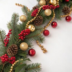 Free photo Christmas border of red green and white ornaments and branches isolated on a white background 