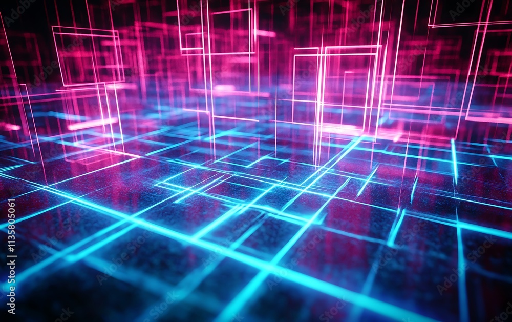 Poster digital cyberspace with glowing cross lines, 3d rendering, generative ai