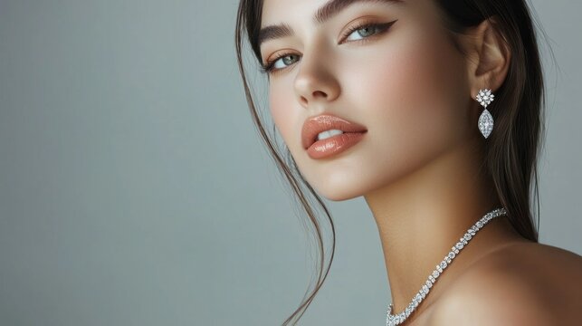 A glamorous jewelry model displaying a set of diamond jewelry, posing under soft studio lighting for a campaign