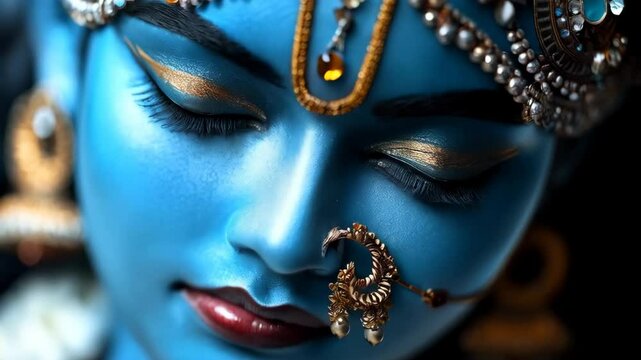 Closeup portrait of Hindu god Lord Krishna with blue skin and traditional jewelry. Krishna Janmashtami, Govardhan Puja, Vishu Kani. Indian religious festival