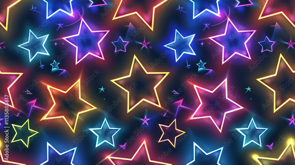 Sticker a seamless pattern of neon stars in various colors on a dark background.