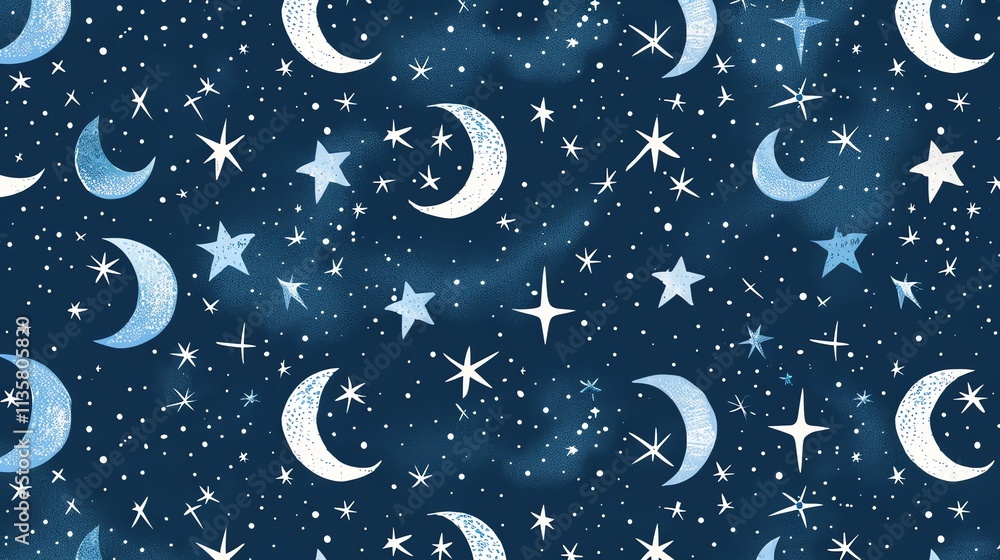 Canvas Prints a seamless pattern of moons and stars on a dark blue background.