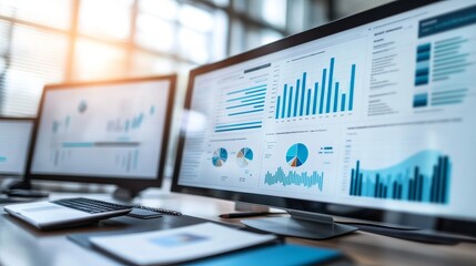 Data visualizations displayed on multiple monitor in a modern office setting.