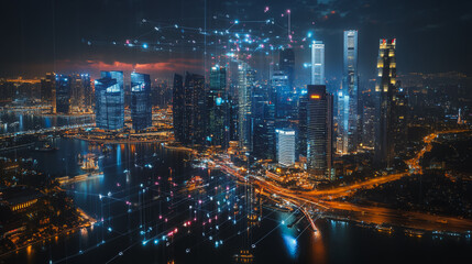 Fototapeta premium Smart digital Innovation city with connection network reciprocity over the cityscape. of future smart wireless digital city and social media networking systems that connects people with in city