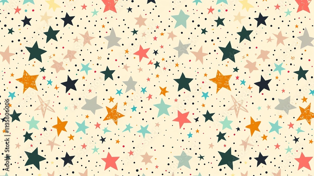 Poster a seamless pattern of colorful stars and dots on a light background.