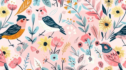 Seamless pattern of pink, yellow, blue, and green flowers with birds on a pink background.