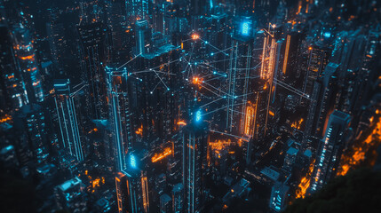 Fototapeta premium Smart digital Innovation city with connection network reciprocity over the cityscape. of future smart wireless digital city and social media networking systems that connects people with in city