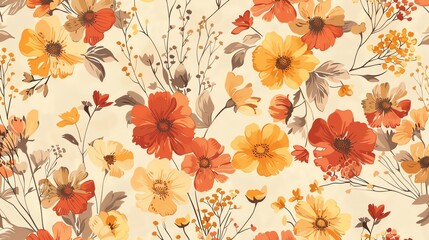 A seamless pattern of orange and yellow flowers on a cream background.