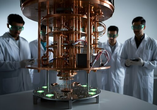 Quantum Computer with scientists and engineer around it