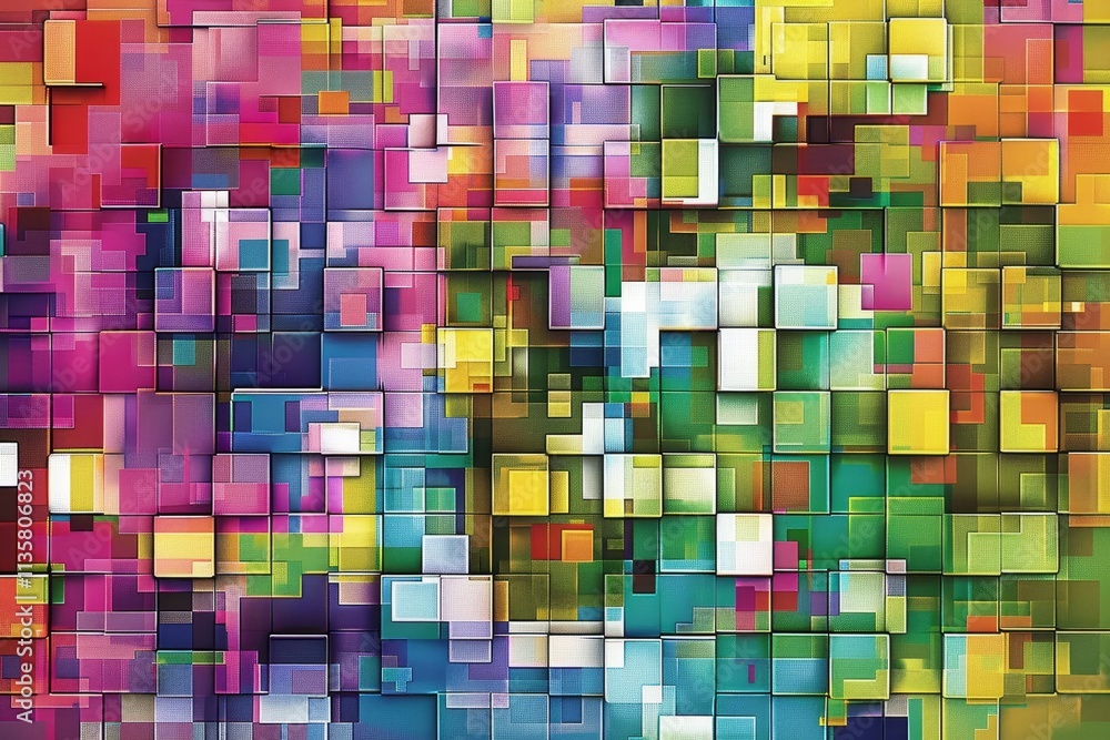 Poster a digital artwork featuring a colorful matrix of pixelated distortions, creating a vibrant and abstr