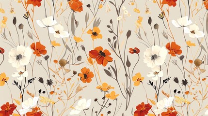 A seamless pattern of orange, yellow, and white flowers on a beige background.
