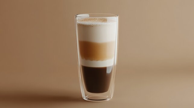 A detailed 3D model of a latte macchiato with frothy layers in a tall glass, clean and precise