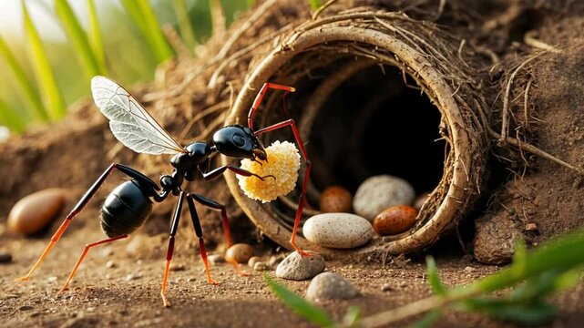 a black ant carries food to the nest